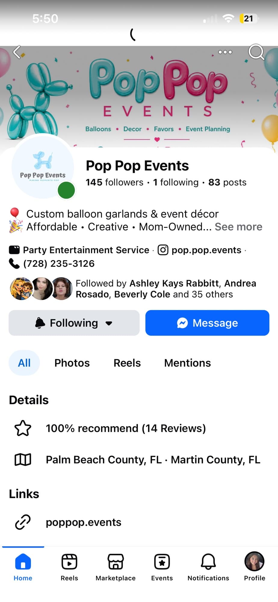 PopPop Events Facebook page screenshot